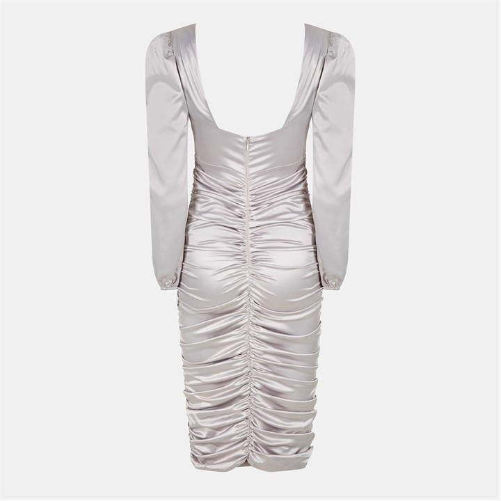 Satin Square Neck Ruched Dress