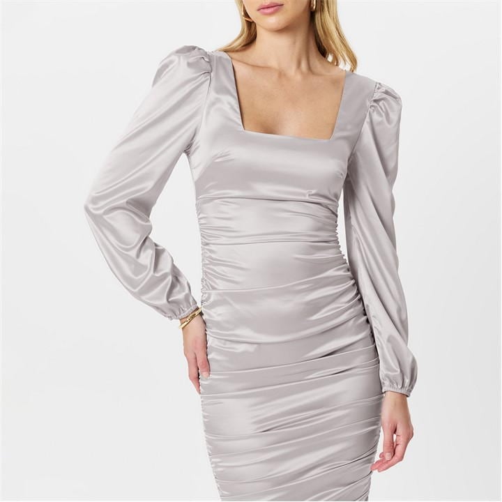 Satin Square Neck Ruched Dress