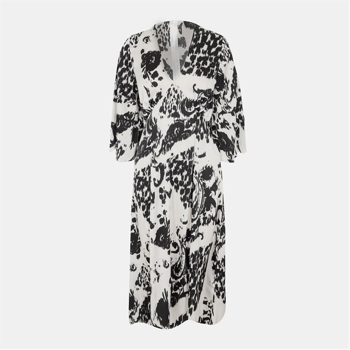 Black And Cream Printed V Neck Bell Sleeve Midi Dress
