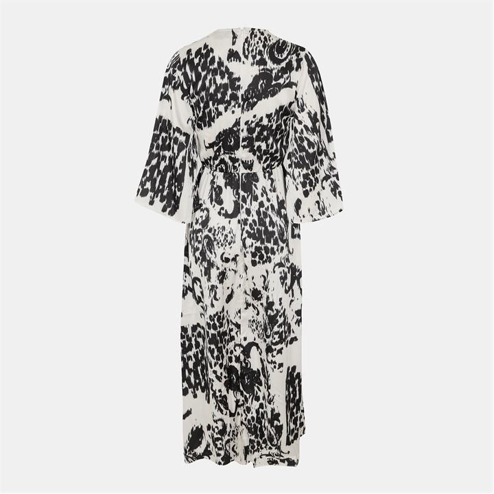 Black And Cream Printed V Neck Bell Sleeve Midi Dress