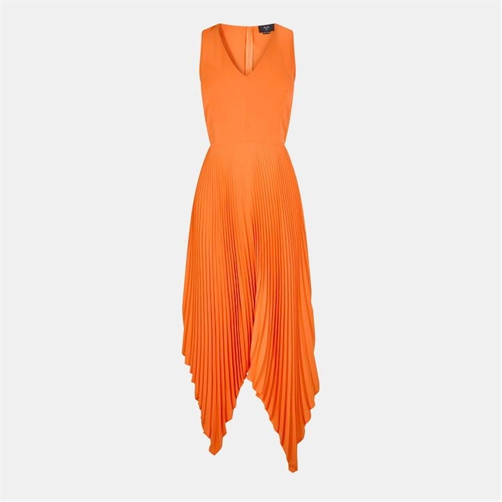 V Neck Pleated Skirt Belted Waist Midi Dress