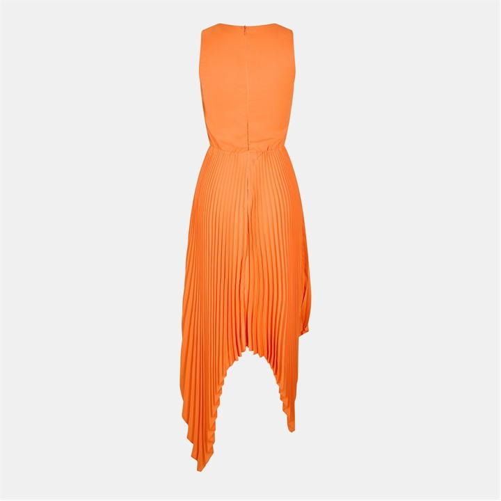 V Neck Pleated Skirt Belted Waist Midi Dress