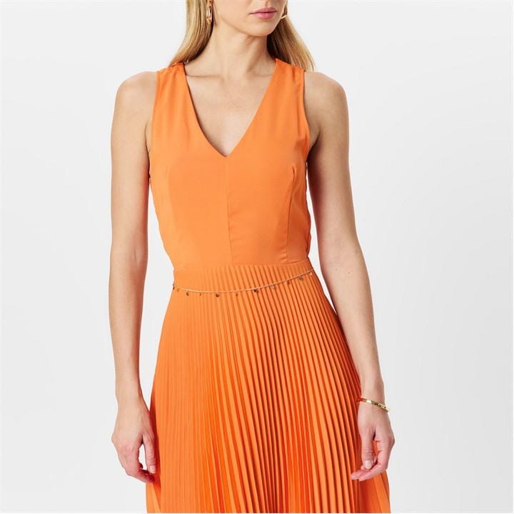 V Neck Pleated Skirt Belted Waist Midi Dress