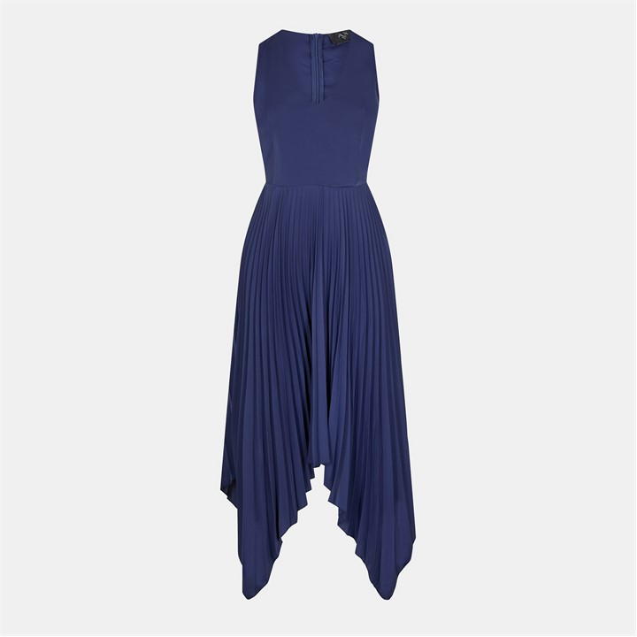 V Neck Pleated Skirt Belted Waist Midi Dress