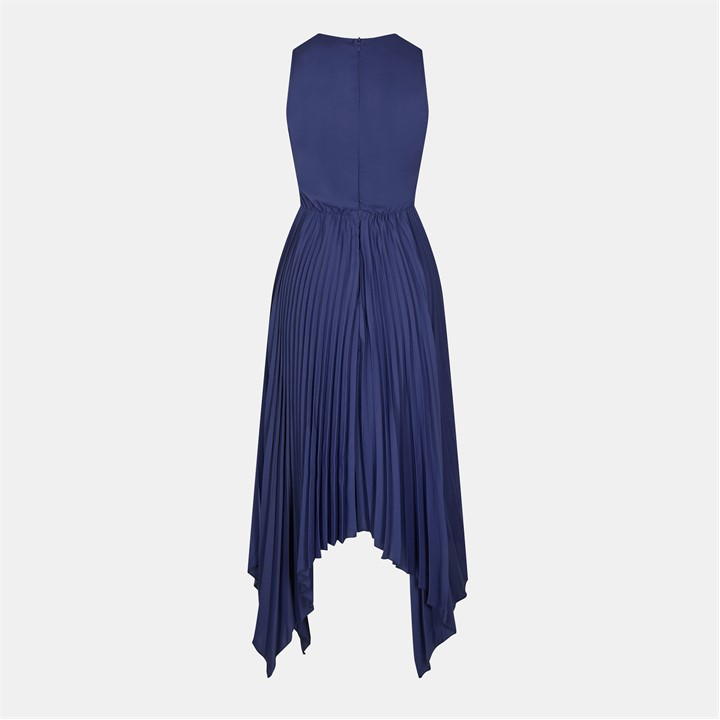 V Neck Pleated Skirt Belted Waist Midi Dress