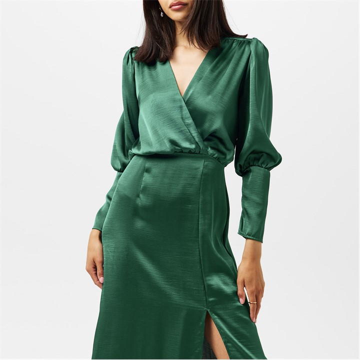 Teal Satin Wrap Top Long Sleeve Midi Dress