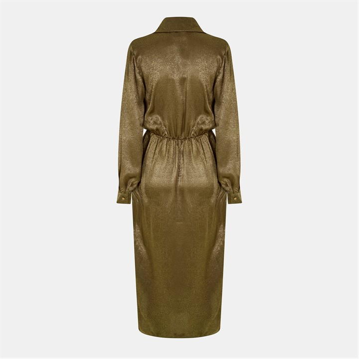 Olive And Gold Wrap Shirt Midi Dress