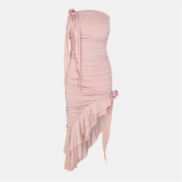 Nude Bandeau Ruched Asymmetrical Frill Midi Dress With Flower Detail