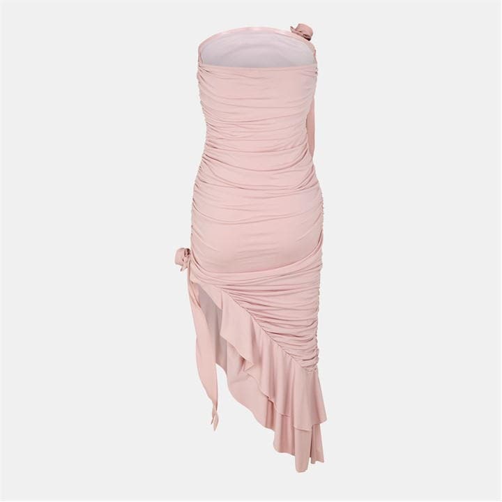 Nude Bandeau Ruched Asymmetrical Frill Midi Dress With Flower Detail