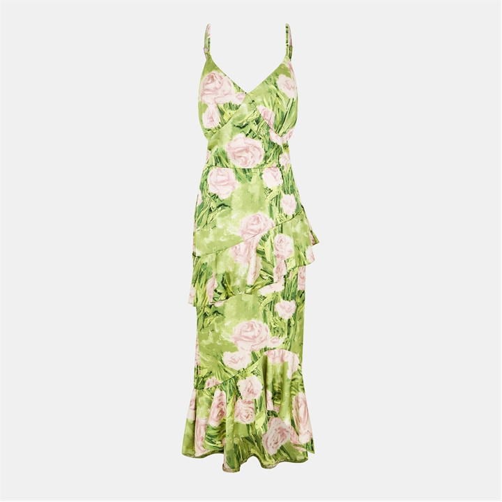 Green Floral Satin Ruffle Midi Dress