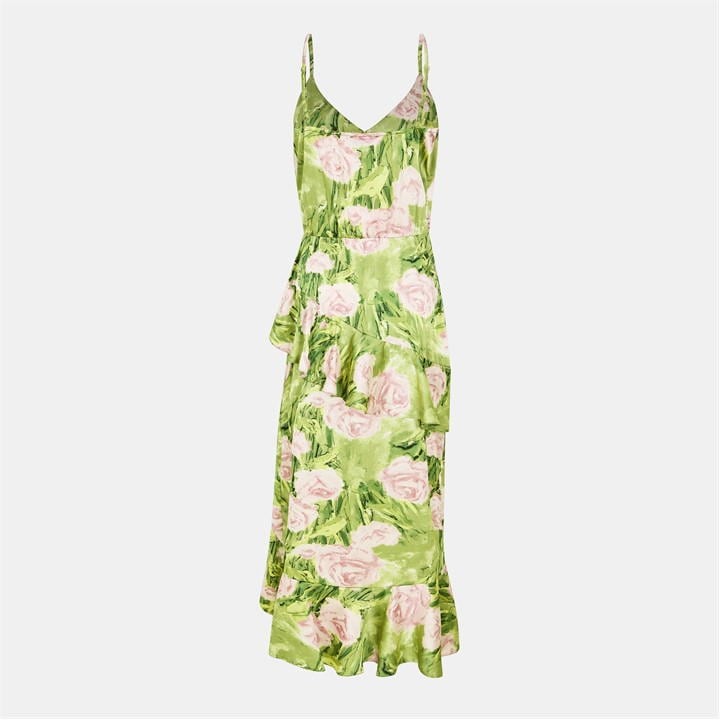 Green Floral Satin Ruffle Midi Dress