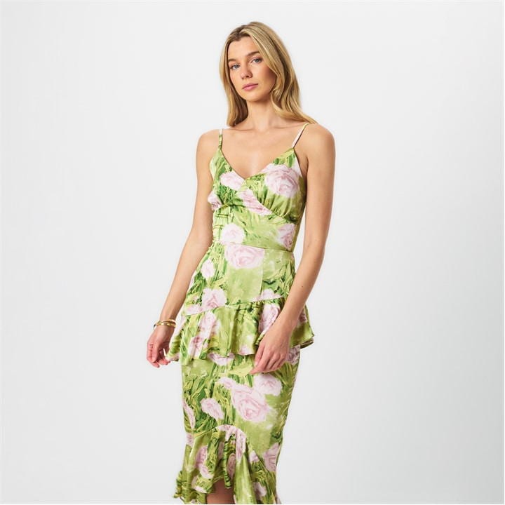 Green Floral Satin Ruffle Midi Dress