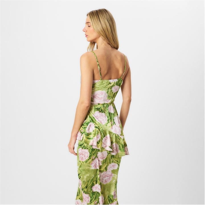 Green Floral Satin Ruffle Midi Dress