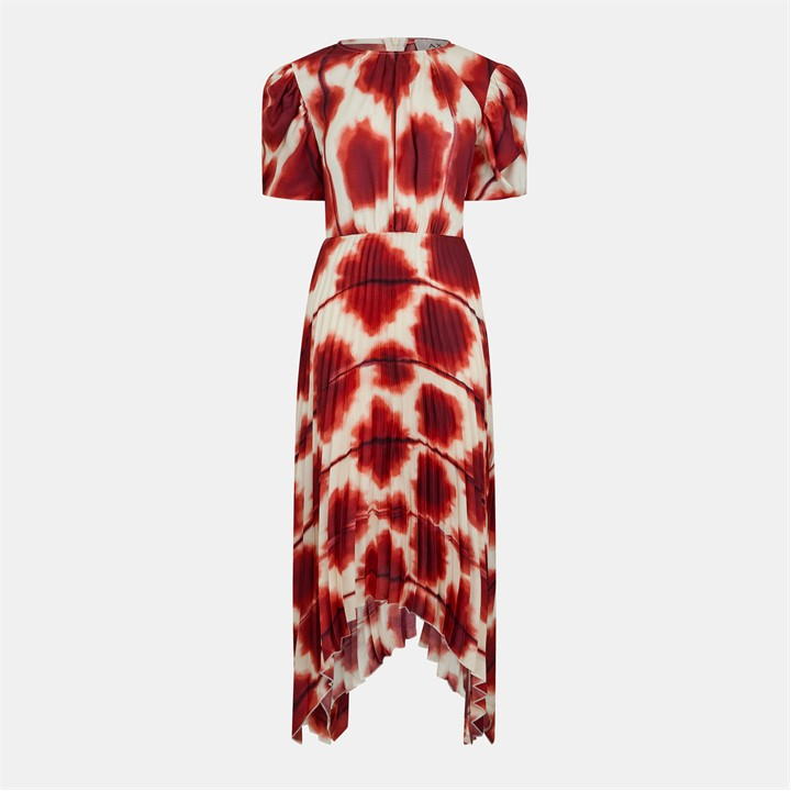 Rust Printed Puff Sleeve Zag Hem Pleated Midi Dress