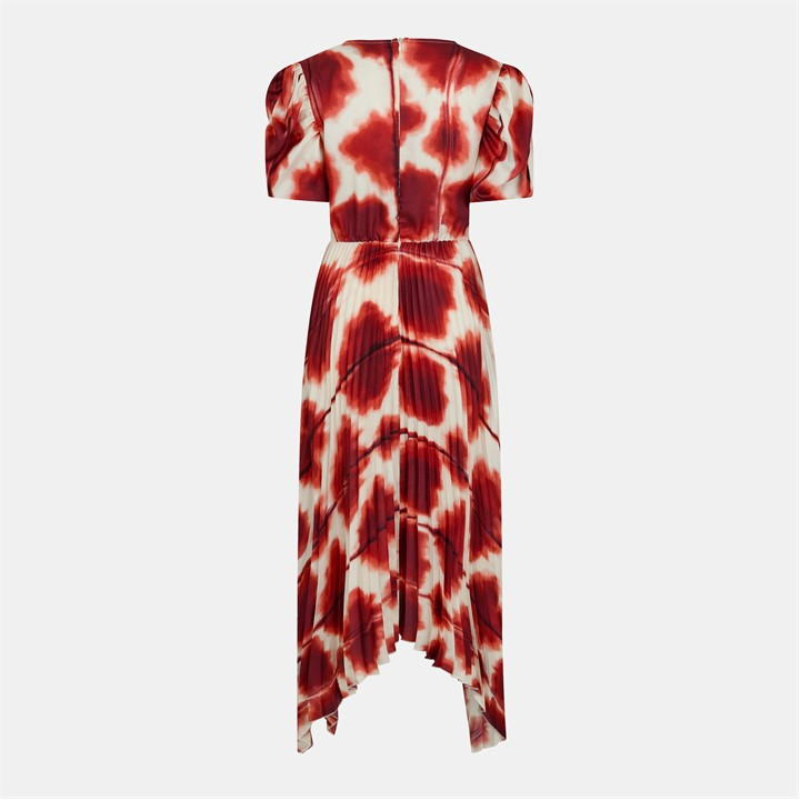 Rust Printed Puff Sleeve Zag Hem Pleated Midi Dress