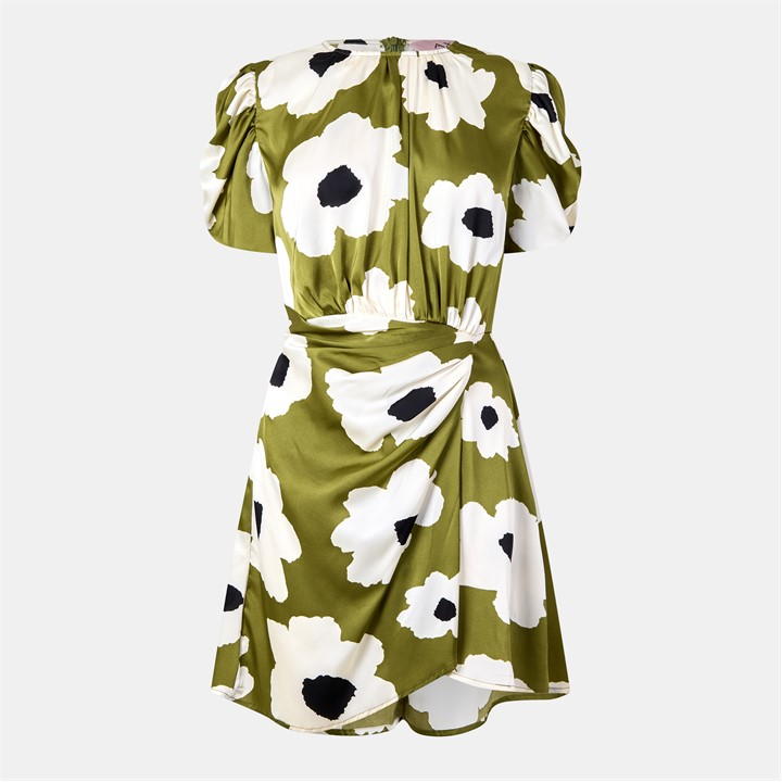 Olive Floral Printed Short Puff Sleeve Gathered Side Mini Dress
