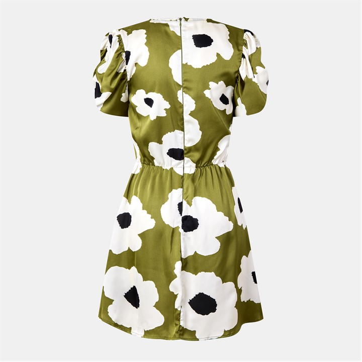 Olive Floral Printed Short Puff Sleeve Gathered Side Mini Dress