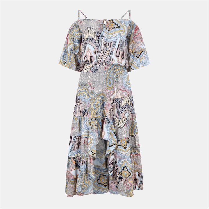 Multi Paisley Printed Cold Shoulder Asymmetric Smock Midi Dress