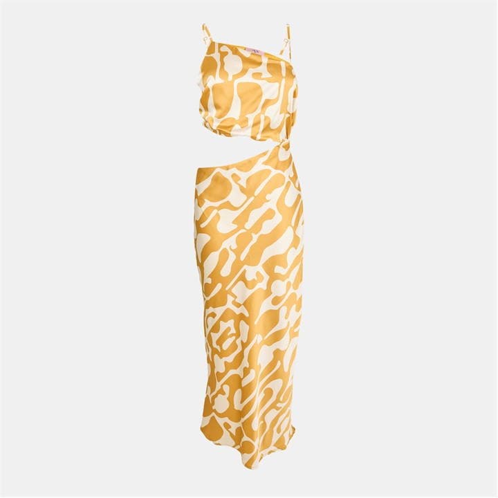 Mustard Abstract Print Asymmetric Cut Out Midi Dress