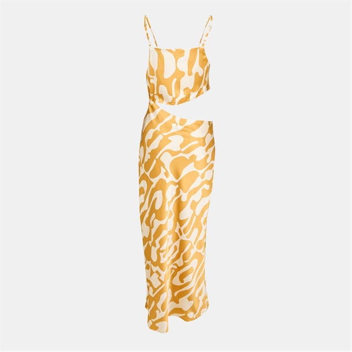 Mustard Abstract Print Asymmetric Cut Out Midi Dress
