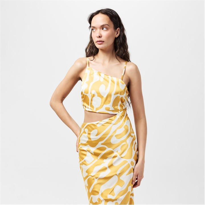 Mustard Abstract Print Asymmetric Cut Out Midi Dress