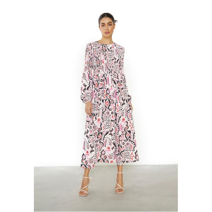 Multi Abstract Long Sleeve Midi Dress