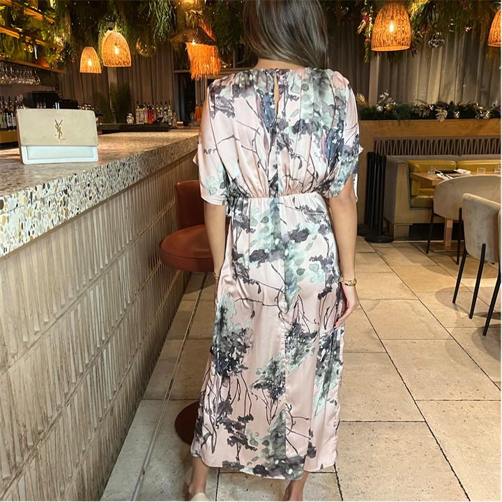Pink Printed Batwing Top Wrap Skirt Midi Dress