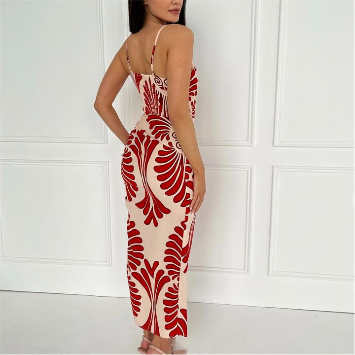 Orange Abstract Print Cowl Neck Ruched Side Strappy Midi Dress