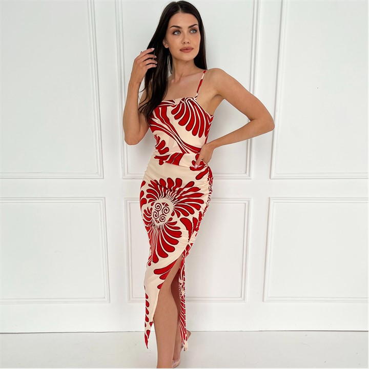 Orange Abstract Print Cowl Neck Ruched Side Strappy Midi Dress