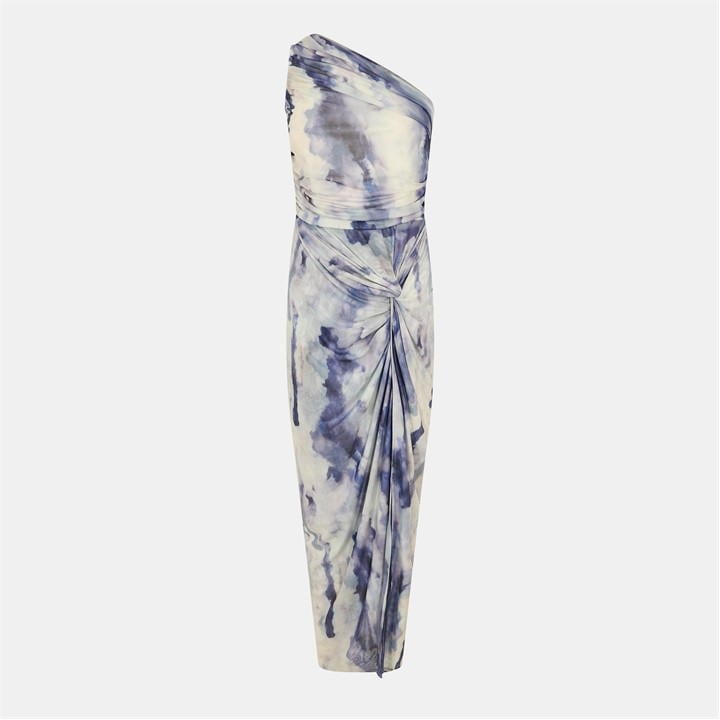 Watercolour Print One Shoulder Knot Skirt Mesh Midi Dress