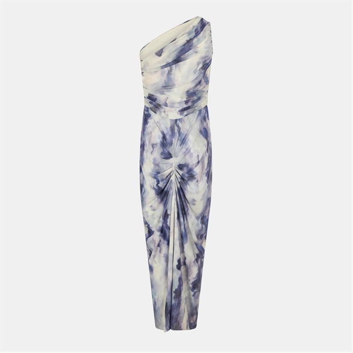 Watercolour Print One Shoulder Knot Skirt Mesh Midi Dress
