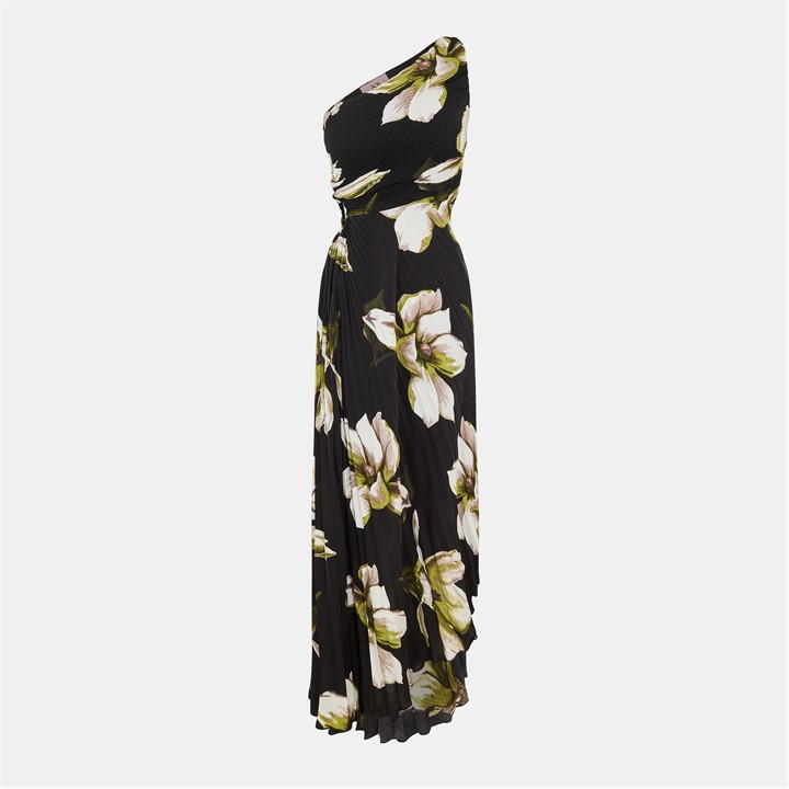 Floral Print One Shoulder Cut Out Pleated Midi Dress