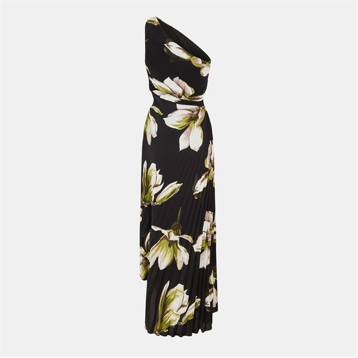 Floral Print One Shoulder Cut Out Pleated Midi Dress