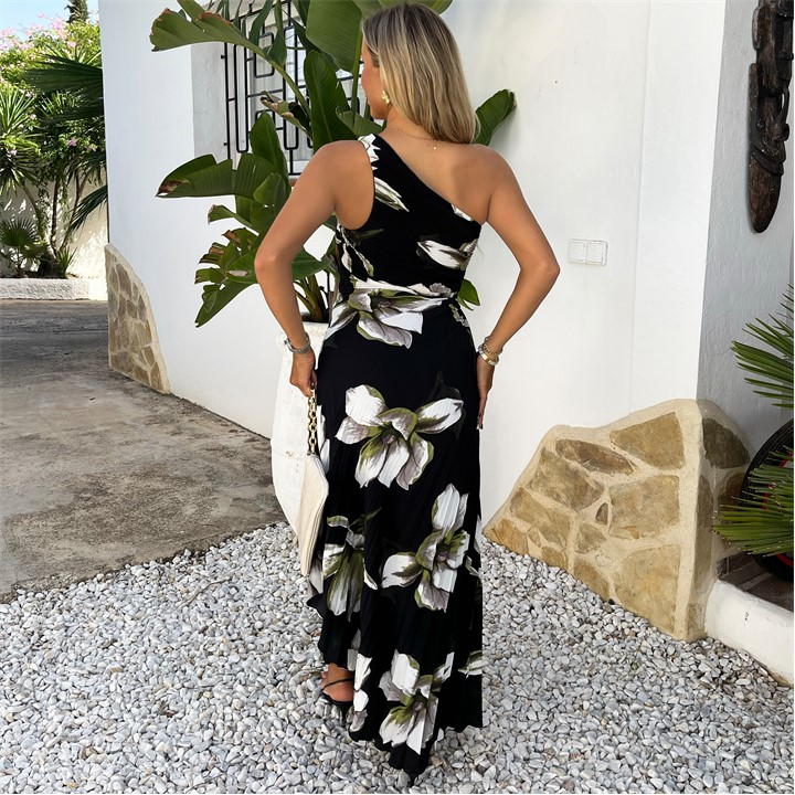 Floral Print One Shoulder Cut Out Pleated Midi Dress