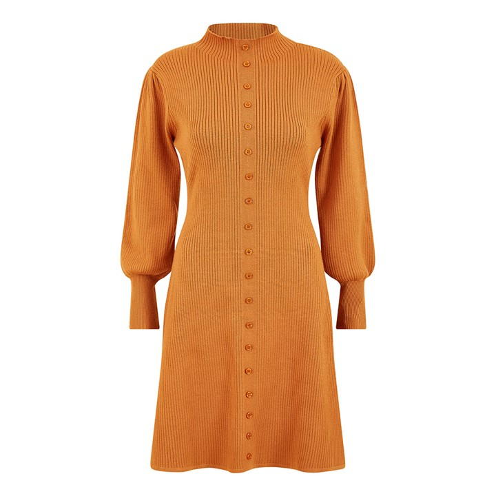 Yumi Mustard Knitted Button Up Midi Dress