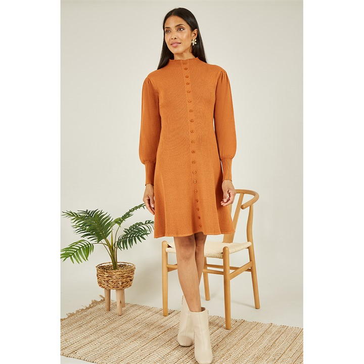 Yumi Mustard Knitted Button Up Midi Dress