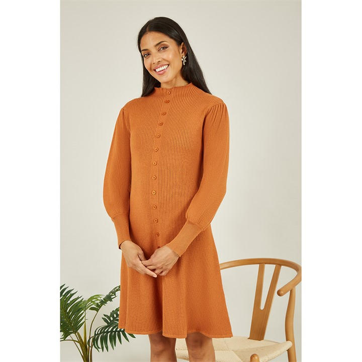Yumi Mustard Knitted Button Up Midi Dress
