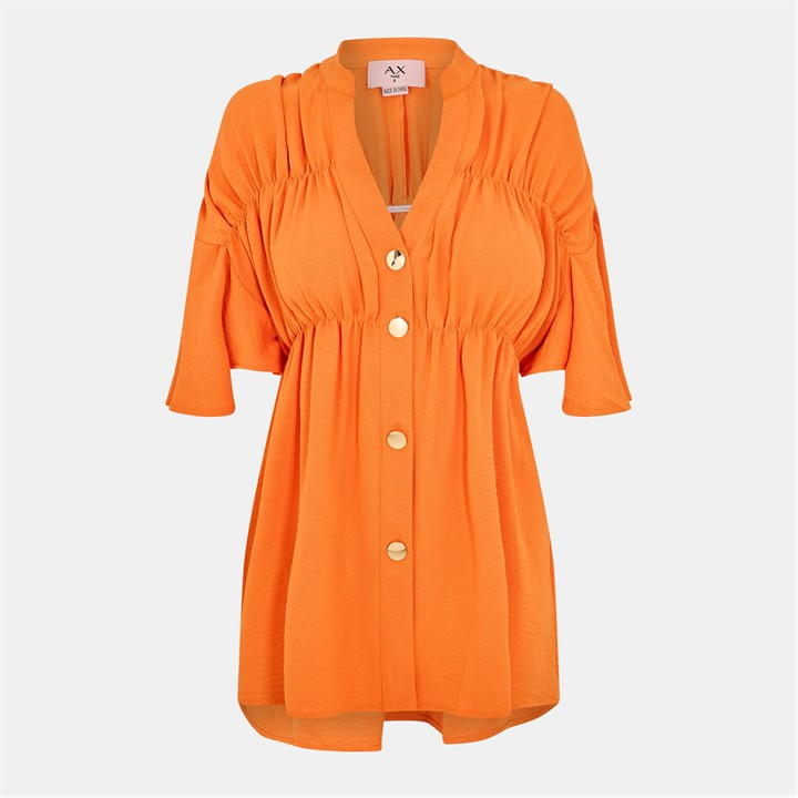 Orange Button Up Ruched Detail Smock V-Neck Top