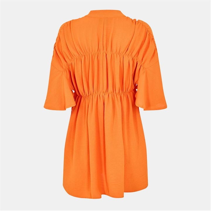 Orange Button Up Ruched Detail Smock V-Neck Top